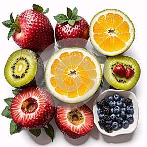 Fruits and berries are isolated on a white background.