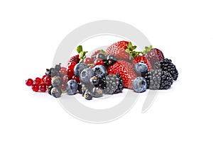 Fruits and berries isolated on white background. Ripe currants, blackberries, blueberries, strawberries. Sweet and juicy fruits