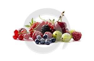 Fruits and berries isolated on white background. Ripe currants, raspberries, cherries, strawberries, gooseberries, mulberries and