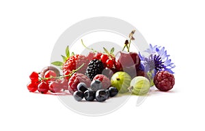 Fruits and berries isolated on white background. Ripe currants, raspberries, cherries, strawberries, gooseberries, mulberries and