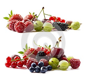 Fruits and berries isolated on white background. Ripe currants, raspberries, cherries, strawberries, gooseberries, mulberries and