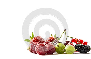 Fruits and berries isolated on white background. Ripe currants, raspberries, cherries, strawberries, gooseberries, mulberries. Bac