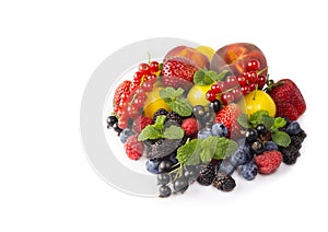 Fruits and berries isolated on white background. Ripe currants, strawberries, blackberries, bluberries, peaches and yellow plums.