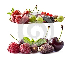 Fruits and berries isolated on white background. Ripe raspberries, cherries, strawberries, gooseberries, red currants, and mulberr