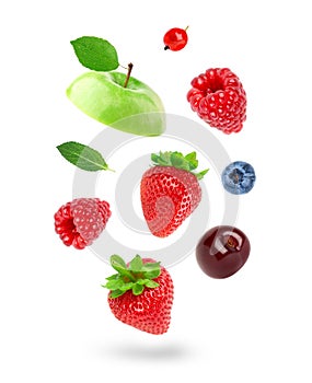 Fruits and berries. Mixed fruits on white background. Fruits falling