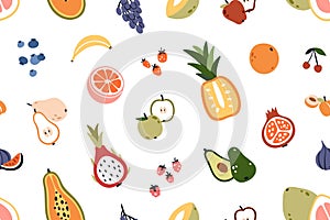 Fruits, berries pattern. Seamless tropical background with summer vitamin food repeating print. Exotic fruity texture