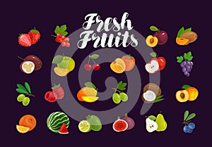 Fruits and berries, set of icons. Food, greengrocery, farm concept. Vector illustration