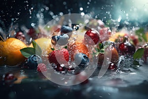 Fruits and berries in sparkling water. AI generated