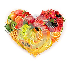 Fruits and berries in a splash of juice collected in the shape of a heart. Strawberry, raspberry, blueberry, blackberry, orange,