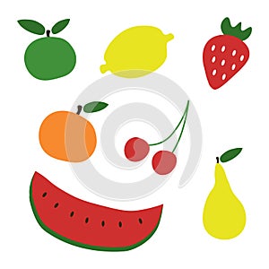 Fruits and berries, vector set. Apple and pear, cherry and strawberry, lemon and orange, watermelon