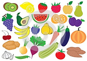 Fruits, berries and vegetables cartoon, icon. Set. Vector