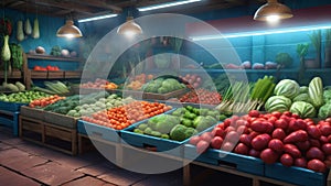 Fruits, Berries and Vegetables on the Counter at the Street Market