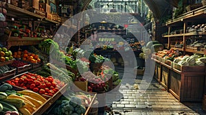 Fruits, Berries and Vegetables on the Counter at the Street Market