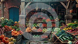 Fruits, Berries and Vegetables on the Counter at the Street Market