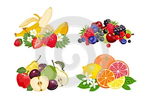 Fruits, berry and citruses set. Piles of fresh food. Vector cartoon illustration.