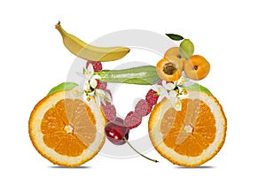 Fruits bike orange banana cherry appricots greengrocery helthy vegan life background