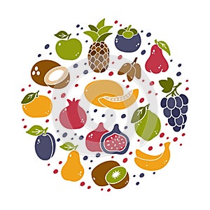 Fruits, bright round illustration. Color silhouette elements. Apple, pear, pineapple, coconut, banana, peach, grape