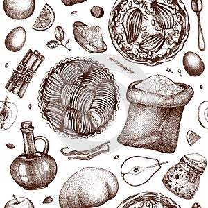Fruits cakes cooking process background. Seamless pattern with hand drawn baking cakes, pies, dough, kitchen stuff, ingredients.