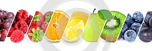 Fruits. Collection of fresh fruits and berries on white background. Collage