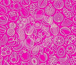 Fruits, exotic fruits and berries seamless pattern. Vector endless beige on purple background. Vintage engraving style.