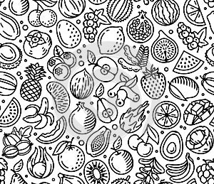 Fruits, exotic fruits and berries seamless pattern. Vector endless black on white background. Vintage engraving style.