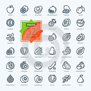 Fruits, exotic fruits, vegetarian  - minimal thin line web icon set. Outline icons collection.