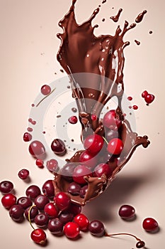 Fruits fall into the chocolate causing splash. Illustration of delicious milk chocolate desser