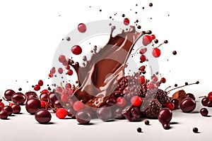 Fruits fall into the chocolate causing splash. Illustration of delicious milk chocolate desser