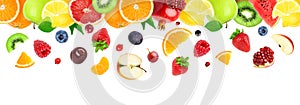 Fruits falling on white background. Mixed fruits. Healthy food