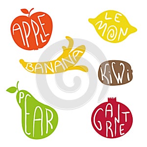 Fruits flat silhouettes and lettering set.