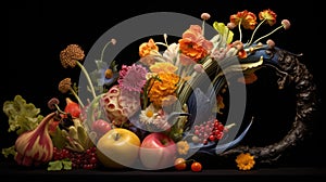 Fruits and flowers on black background. Harvest and abundance concept. Cornucopia, horn of plenty. AI Generated