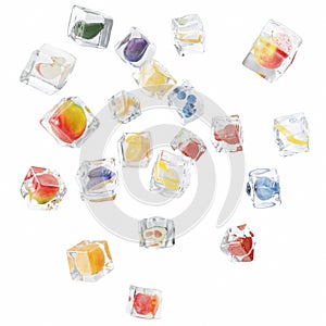 Fruits frozen in ice cube, ice cube in front view, single ice cube isolated on white background. 3d rendering
