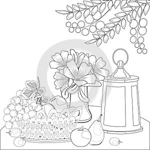 Fruits and grape, old lantern, cosmos flowers in a vase, tree branches. For coloring book page.