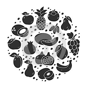 Fruits, graphic round illustration. Black silhouette elements. Apple, pear, pineapple, coconut, banana, peach