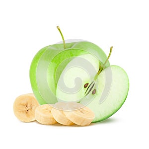  fruits. Green apples and bananas on white background.