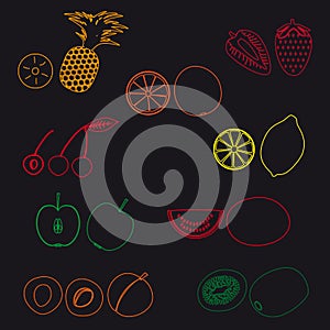 Fruits and half fruits simple outline icons eps10
