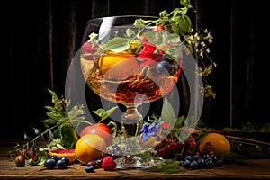 fruits and herbs being muddled in a glass for a cocktail