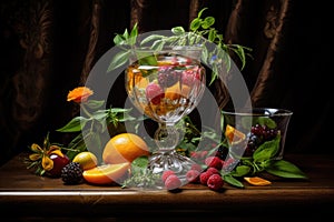 fruits and herbs being muddled in a glass for a cocktail