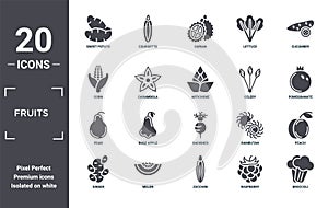fruits icon set. include creative elements as sweet potato, cucumber, celery, radishes, melon, pear filled icons can be used for