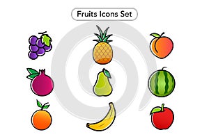 Fruits Icons Set. Fruits Clip arts Collection. Grape, Pomegranate, Peach, Pineapple, Pear, Watermelon, Apple, Orange and Banana. F