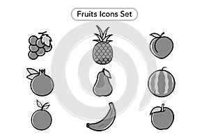 Fruits Icons Set. Fruits Clip arts Collection. Grape, Pomegranate, Peach, Pineapple, Pear, Watermelon, Apple, Orange and Banana. F