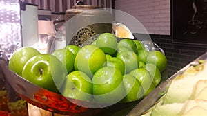 Fruits in Israel. Israeli green Apples on a vintage tray