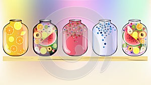 Fruits in jars background