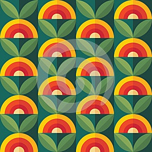 Fruits and leaves nature background. Mid-century modern art vector. Abstract geometric seamless pattern. Decorative ornament