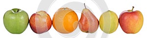 Fruits like orange, lemon, peach, pear and apples isolated on white