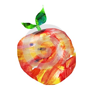 Fruits are made in the technique of a collage of watercolor background. Drawn by hand. Decorative apple on an isolated white