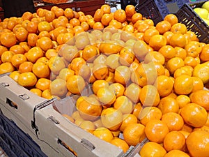 Fruits mandarins in boxes in supermarket