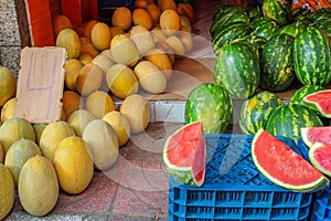 Fruits market with melons and watermelons in Tangier, Morocco