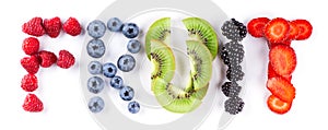 Fruits. Mixed fruits and berries on the white background. Word fruit