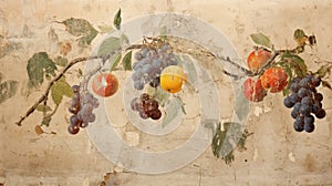 Fruits on old cracked wall fresco, vintage painting of food, Ancient art of still life. Concept of beauty, history, civilization,